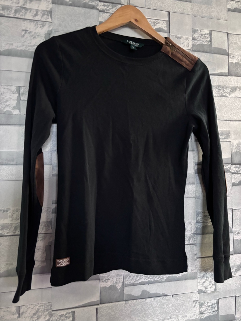 Ralph Lauren Black Long Sleeve Tee with Brown Elbow Patches